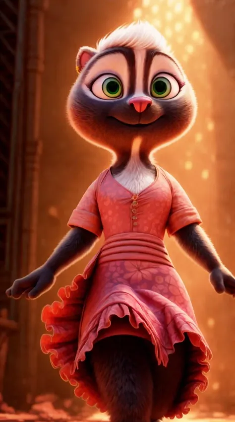 a cartoon cat in a pink dress is walking in the street