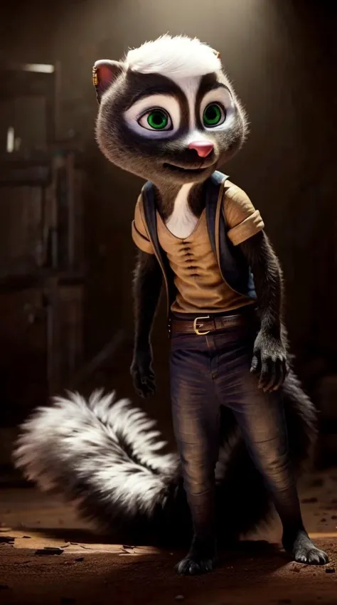 a cartoon character of a raccoon with green eyes and a backpack