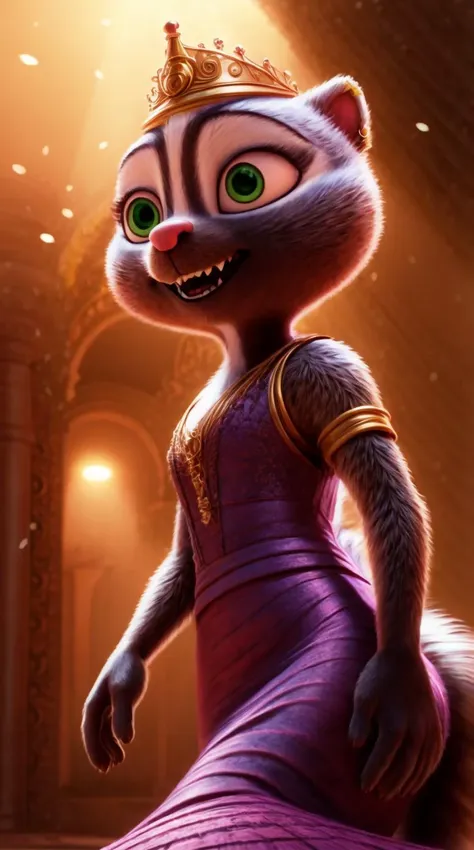 a cartoon cat dressed in a purple dress and a crown