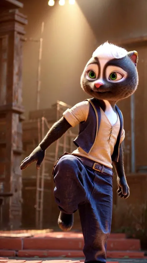 an awarded 3d graphic art, digital art , trending on art station, 1girl <lora:Meg:0.7> meg, skunk ,meg, skunk , flufy tail, skunk tail , green eyes, big eyes, wears ((Cropped denim vest)), gleeful ,she make kicking
character focus, Ambient Lighting,(ep...