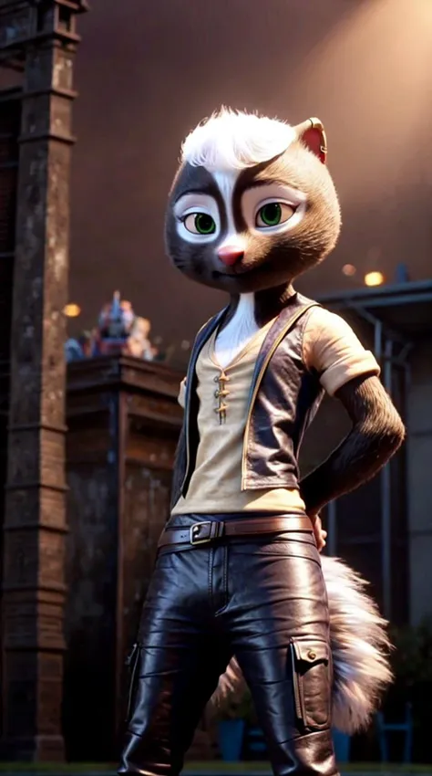 an awarded 3d graphic art, digital art , trending on art station, 1girl <lora:Meg:0.7> meg, skunk ,meg, skunk , flufy tail, skunk tail , green eyes, big eyes, wears ((fishnet top, black skinny jeans, studded belt, and high-top sneakers)), Contempt face e...