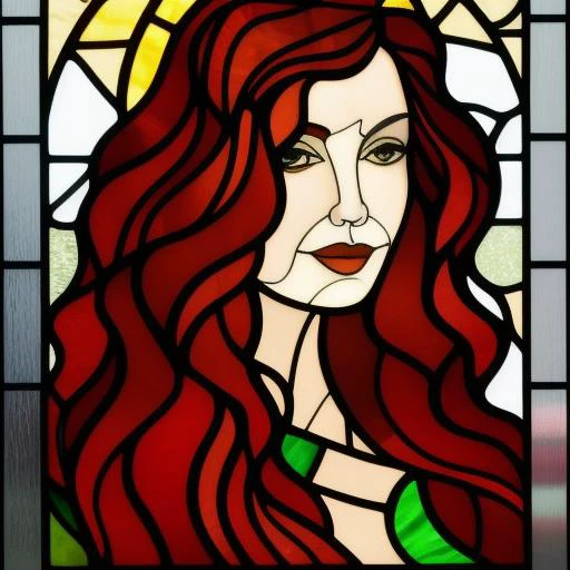stained glass of a redhead woman with wavy hair