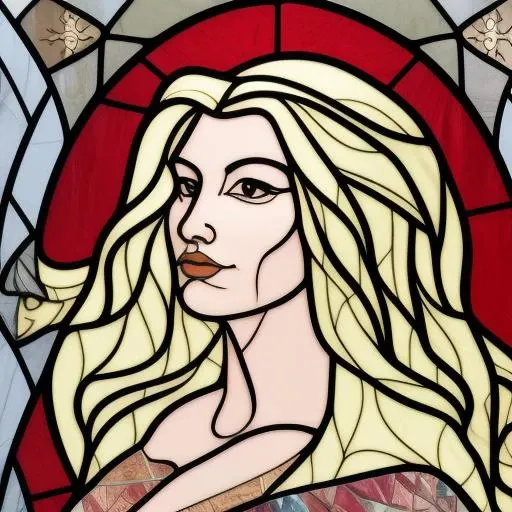 stained glass of a blonde woman with long flowing hair