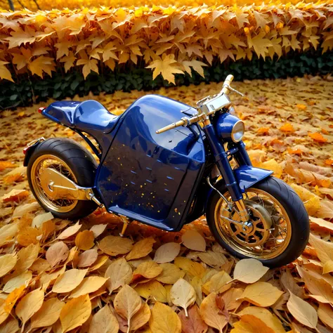 Haute Couture Nestled in a bed of golden autumn leaves, a deep sapphire blue dc100 rests peacefully. The warm hues of the foliage enhance the richness of its color, creating a scene of serenity. The motorcycle becomes an emblem of escapism, suggesting tran...