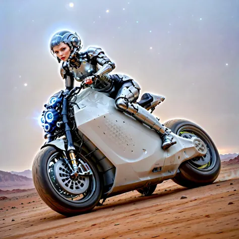 Haute Couture she cyborg riding a DC100 at a alien planet, universe, white, milky way,(dc100:1.05),(c1bo:1.05) hyperrealistic,,, Haute Couture, often for exclusive fashion, custom-fitted garments, or high-end design.