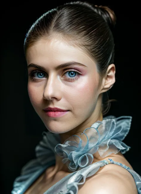 portrait of skswoman, grimace , wearing organza , with silver Updo , background camp epic (photo, studio lighting, hard light, sony a7, 50 mm, matte skin, pores, colors, hyperdetailed, hyperrealistic), <lyco:Alexandra Daddario:1.1>