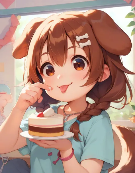 anime girl eating a cake with a fork in her hand