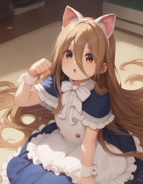 anime girl with long hair sitting on the floor with a cat ears