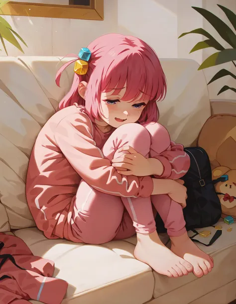 anime girl sitting on a couch with her legs crossed