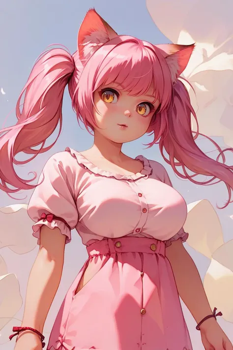 anime girl with pink hair and pink dress standing in front of a bunch of white flowers