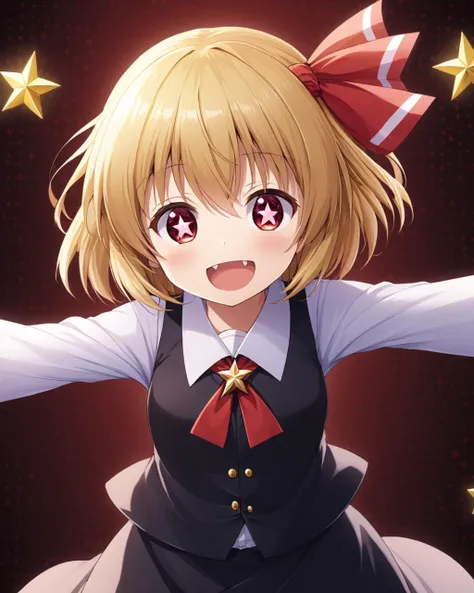 anime girl with blonde hair and red bow in front of stars