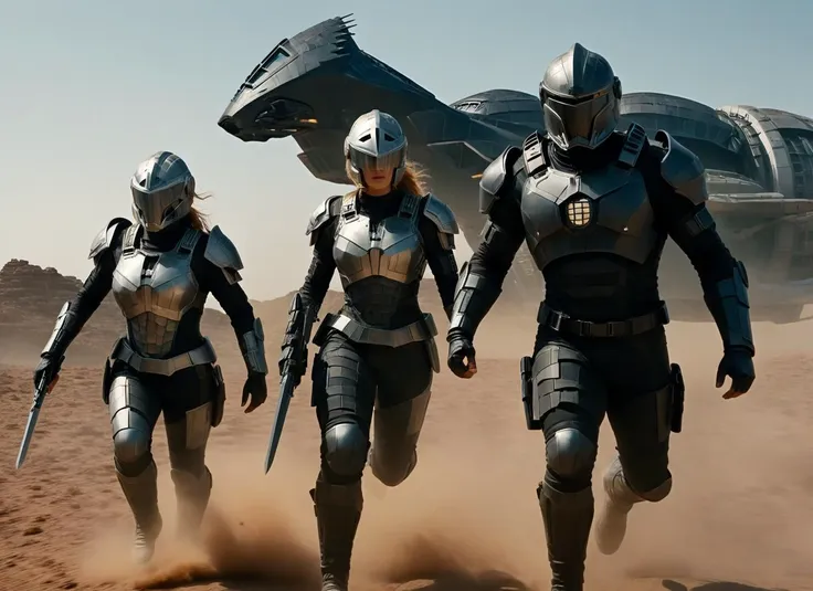 a group of people in armor walking across a desert