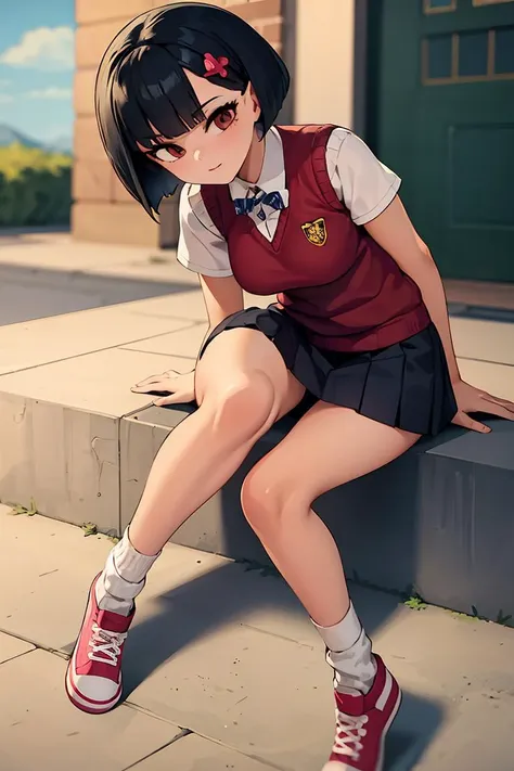 anime girl sitting on a step with her legs crossed