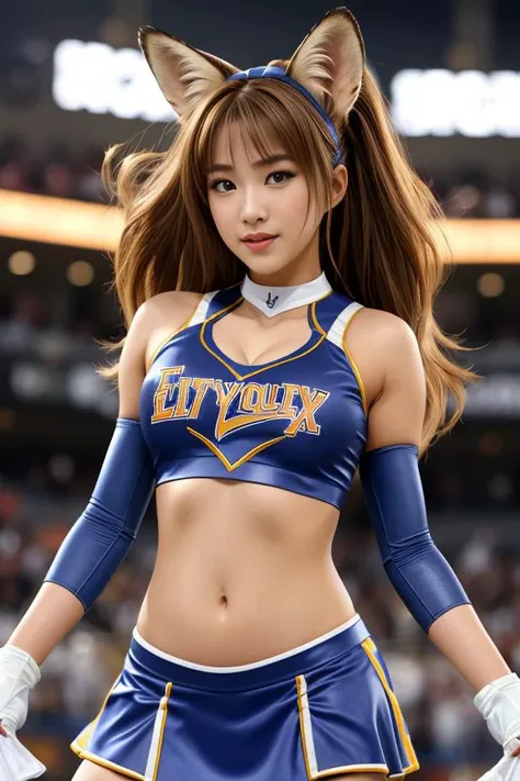 cinematic, A light brown __hairstyle__ beautiful fox ear cheer leader in a blue spandex (cheerleading outfit:1.23) is dancing a "what the fox says" dance in a baseball studium, mini skirt, navel, smile, slim face, long nose, no nail, double eyelids, (dropp...