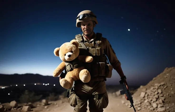 cinematic photo soldier take down in israel, gazah area, disturbing dust, soldier is carrying teddy bear,
midnight, dark theme, kidnapping
 . 35mm photograph, film, bokeh, professional, 4k, highly detailed