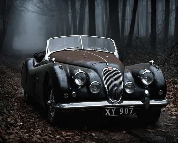 Horror-themed old car,1952 | Jaguar XK 120 OTS . Eerie, unsettling, dark, spooky, suspenseful, grim, highly detailed