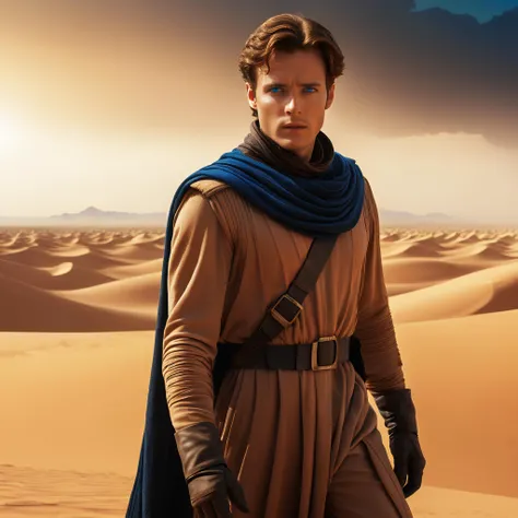 Dune movie style, professional realistic full-length photo of Paul Atreides in a desert on the planet Arrakis, 25 years old, deep blue eyes, sandstorm in the background, high details, masterpiece, epic, movie poster, modern, futuristic, colorful, full body...