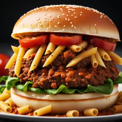 pasta Bolognese in the form of a hamburger, smooth, realistic food photography, depth of field, 32k, super-resolution, vivid,
8K, Nikon D850, high details, masterpiece, cinematic, dramatic, beautiful, professional photo shoot,