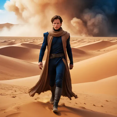 Dune movie style, professional realistic full-length photo of Paul Atreides in a desert on the planet Arrakis, 25 years old, deep blue eyes, sandstorm in the background, high details, masterpiece, epic, movie poster, modern, futuristic, colorful, full body...