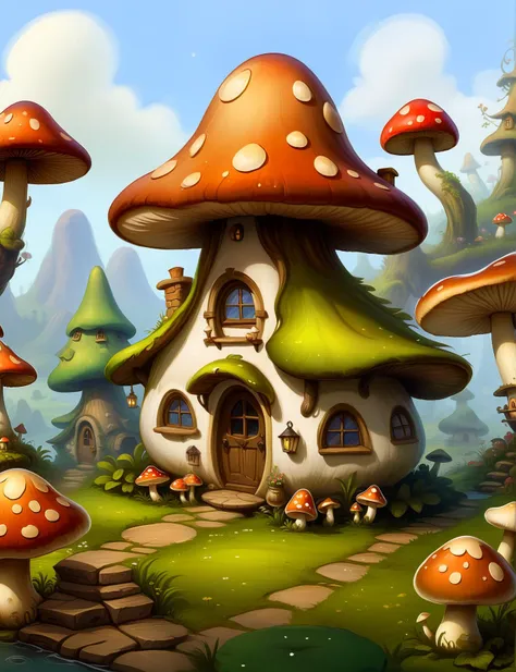 a close up of a mushroom house with a pathway leading to it