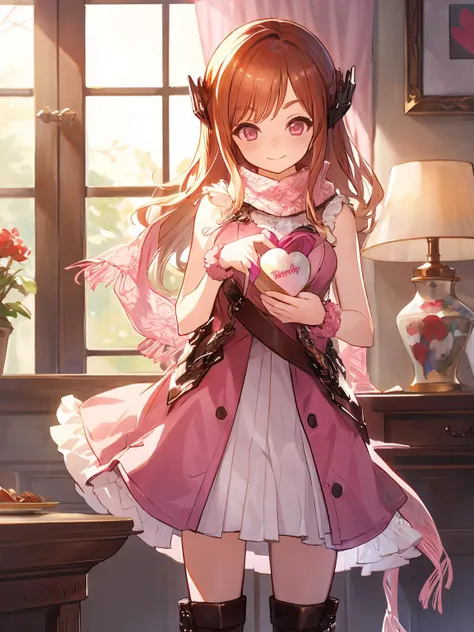 masterpiece,best quality,highres,cinematic lighting,dramatic angle,<lora:ShadowverseSpinaria&LucilleV1:0.8> ,1girl,lucille,long pink dress,standing,delivering heart-shaped packaged valentine chocolate,looking at viewer,long boots,cowboy shot,depth of field...