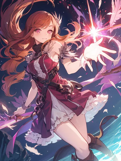 masterpiece,best quality,highres,cinematic lighting,dramatic angle,<lora:ShadowverseSpinaria&LucilleV1:0.8> ,1girl,lucille,long pink dress,floating hair,looking at viewer,long boots,cowboy shot,depth of field,floating objects,bare shoulders,long hair,bangs...