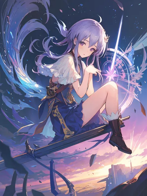 masterpiece,best quality,highres,cinematic lighting,dramatic angle,<lora:ShadowverseSpinaria&LucilleV1:0.8> ,1girl,spinaria,long dress,floating objects,looking at viewer,boots,socks,magic,sitting,shy