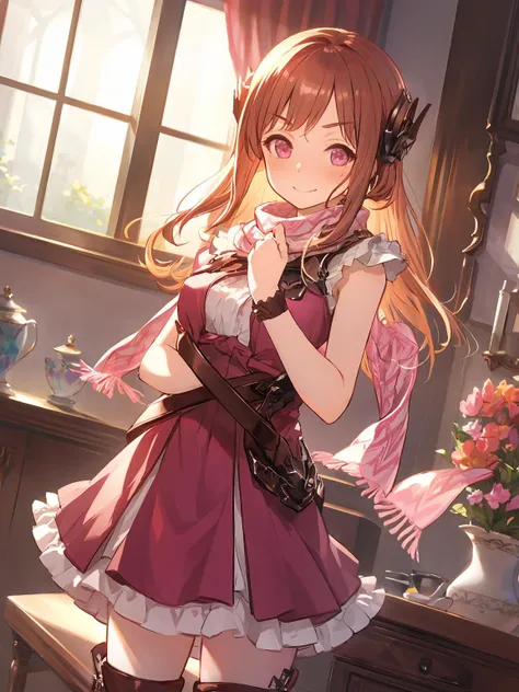 masterpiece,best quality,highres,cinematic lighting,dramatic angle,<lora:ShadowverseSpinaria&LucilleV1:0.8> ,1girl,lucille,long pink dress,standing,delivering heart-shaped packaged valentine chocolate,looking at viewer,long boots,cowboy shot,depth of field...