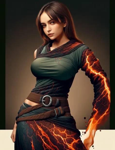 a woman in a green top and black skirt with a red flame