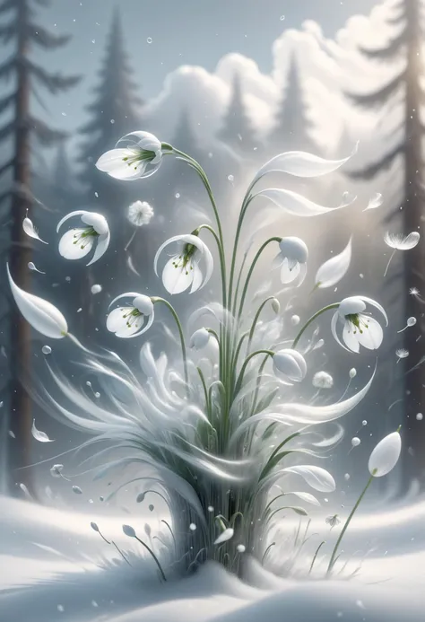 a painting of snowdrops in the snow with trees in the background