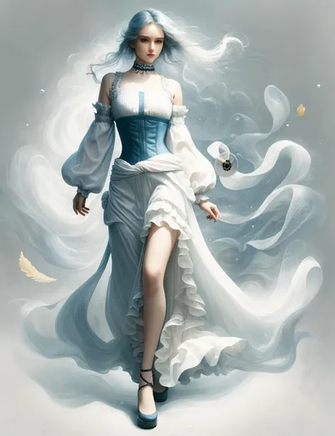 a woman in a white dress and blue dress with a swan