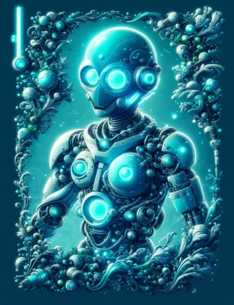 a robot with glowing eyes and a blue background