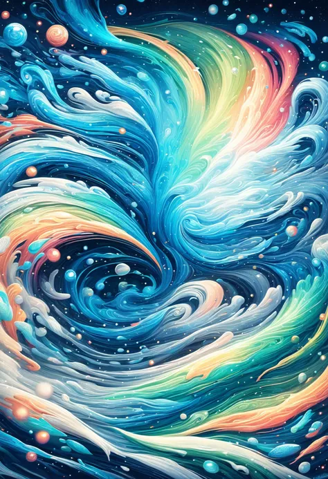 a painting of a colorful swirl with bubbles and stars