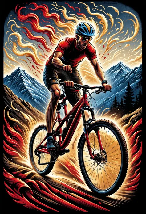 a man riding a mountain bike on a trail with flames