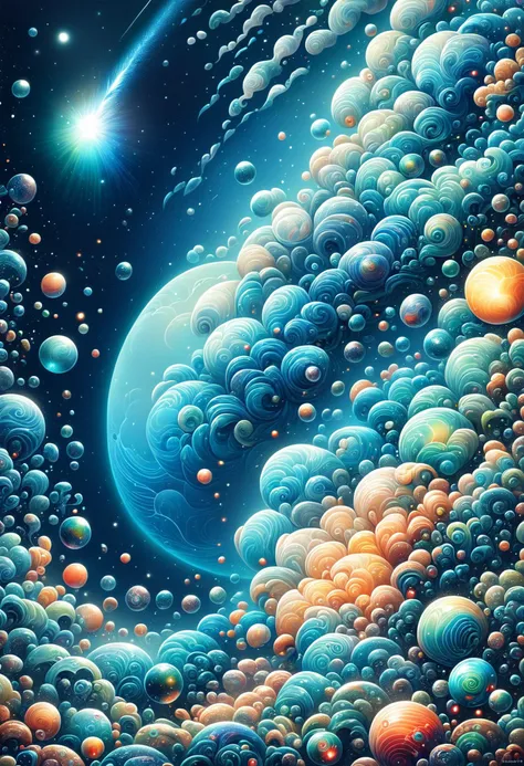 a painting of a planet surrounded by bubbles and stars