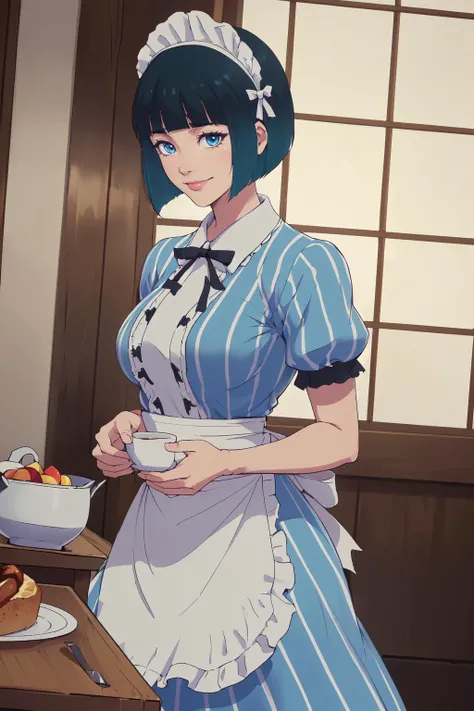 (masterpiece,best quality,absurdres,beautiful,sharp,detailed),cinematic angle,1girl,onoshiragiku,bob cut, maid, maid headdress, striped dress, white apron, black ribbon,slight smile  <lora:OnoShiragiku:0.9>