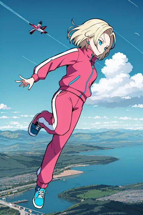 <lora:c18:0.5>, blonde hair, short hair, blue eyes,  full body,  android 18, supertop, jewelry, open track jacket, pink jacket, pink tracksuit, track pants, city, blue sky, flying,