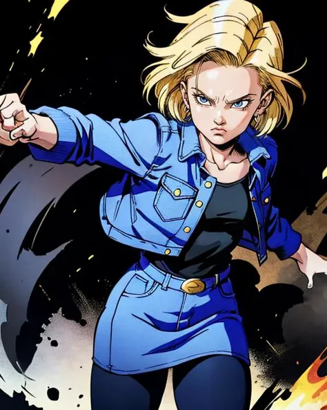 graphic novel comic illustration by Frank Miller, of upper body, <lora:c18:0.55> android 18, short hair, sweatshirt, denim jacket, denim skirt, pantyhose, dynamic, dramatic, action, fight scene, epic, 2D, high contrast, deep shadows, crosshatching, inked l...