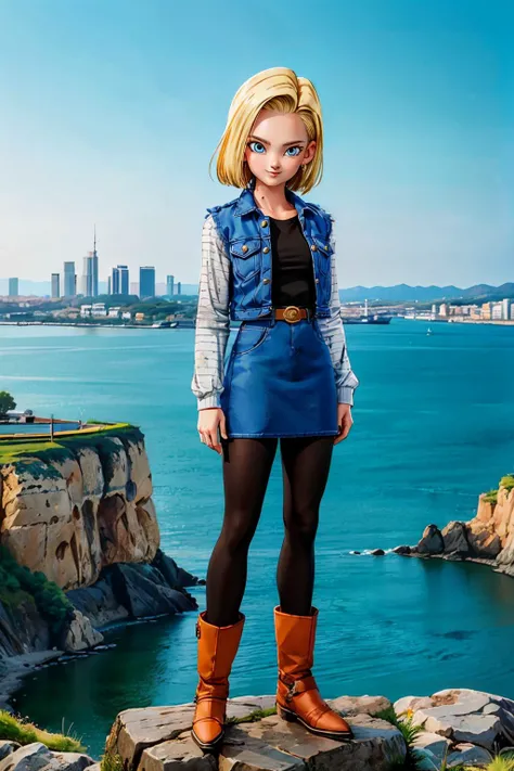 android 18,blonde hair, short hair, blue eyes, wearing earrings, belt, vest, shirt, long sleeves, denim skirt, denim jacket, black pantyhose, brown boots, looking at viewer, smiling, standing, full body shot, outside, cliff, cityscape, blue sky, high quali...