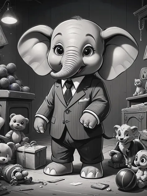 cartoon elephant in a suit surrounded by stuffed animals in a room