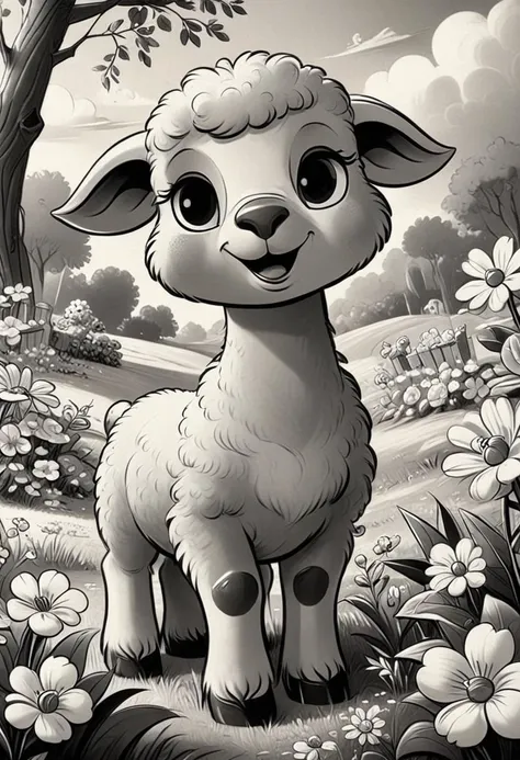 cartoon sheep standing in a field of flowers with a tree in the background