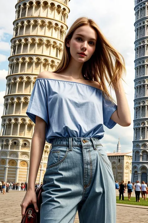 arafed woman in blue shirt and jeans standing in front of leaning tower