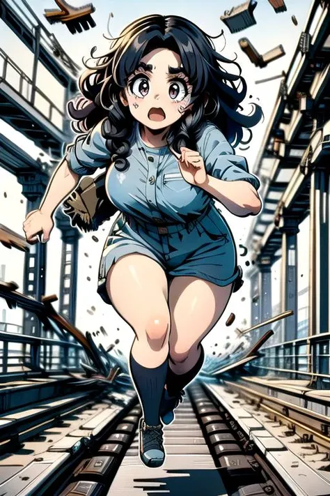 a woman in a blue shirt and shorts running on a train track