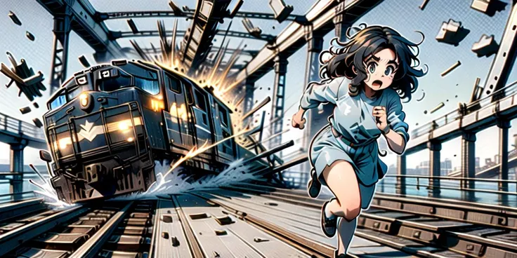 anime girl running on train tracks with train in background