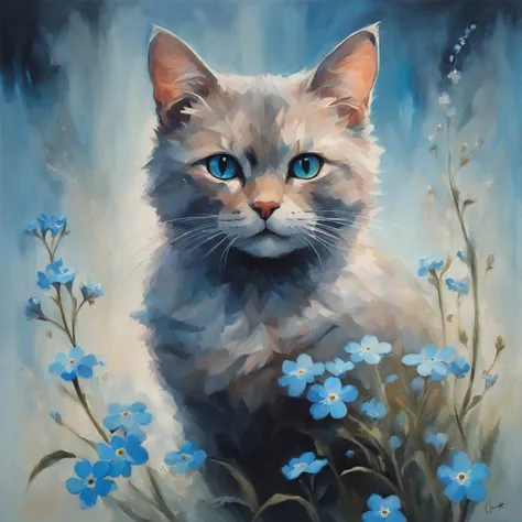 painting of a cat with blue eyes sitting in a field of flowers