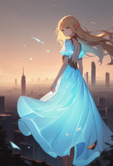 a woman in a blue dress standing on a ledge with a city in the background