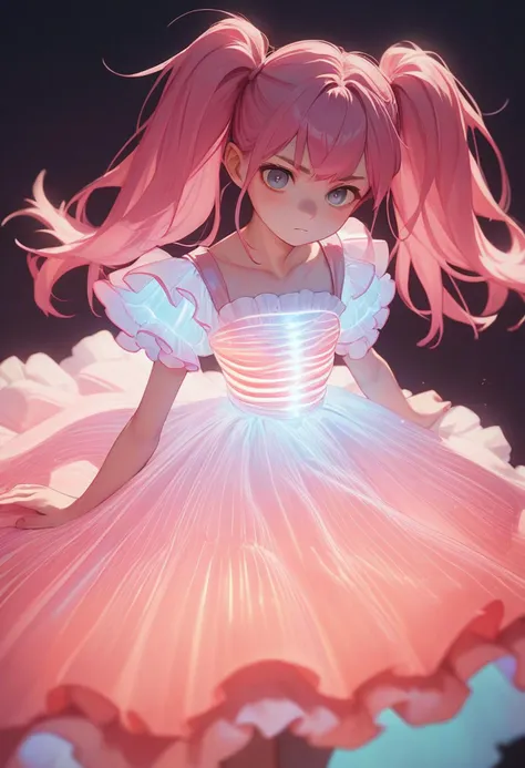 a close up of a person in a dress with a pink hair