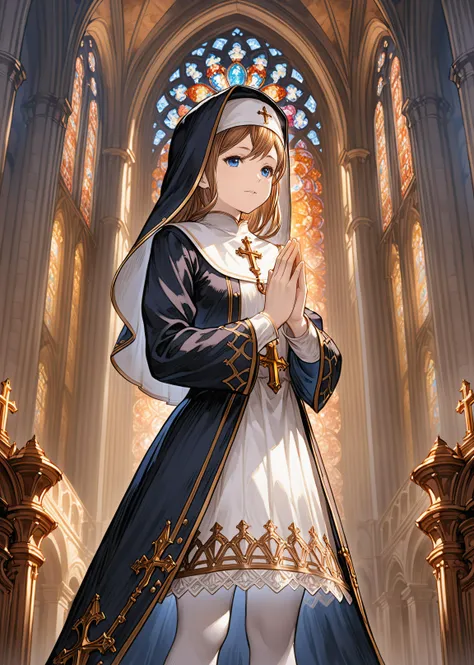 anime girl in a church with a rosary in her hand