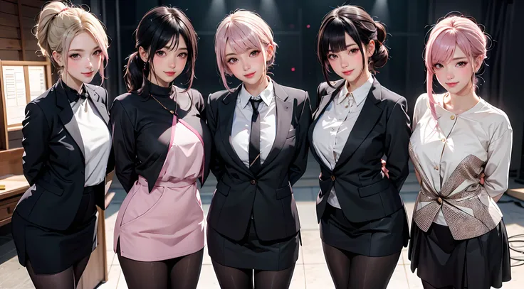 four women in business attire posing for a picture in a theater