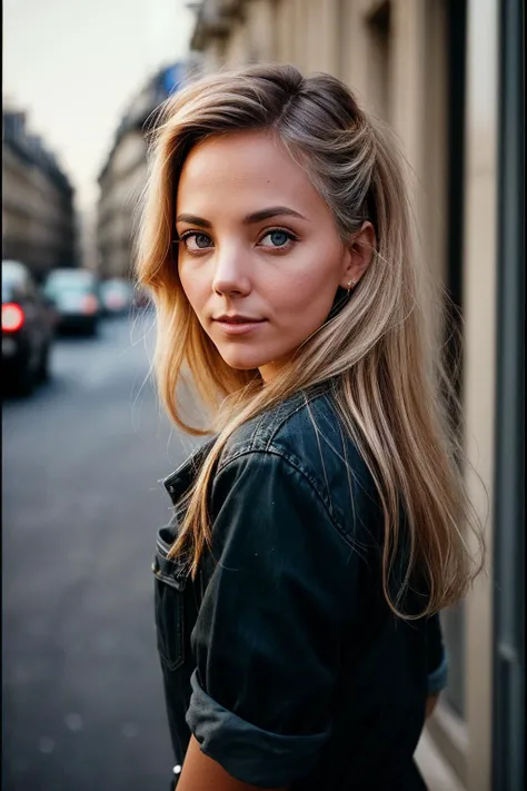 photo of (katclov:0.99), closeup portrait, perfect blonde hair, hair upsweep updo, posing, (vintage photo, gakuran), (polaroid frame), 24mm, ((tintype)), (analog, film, film grain:1.3), ((on a Paris street, night, gritty)), ((detailed eyes)), (seductive po...